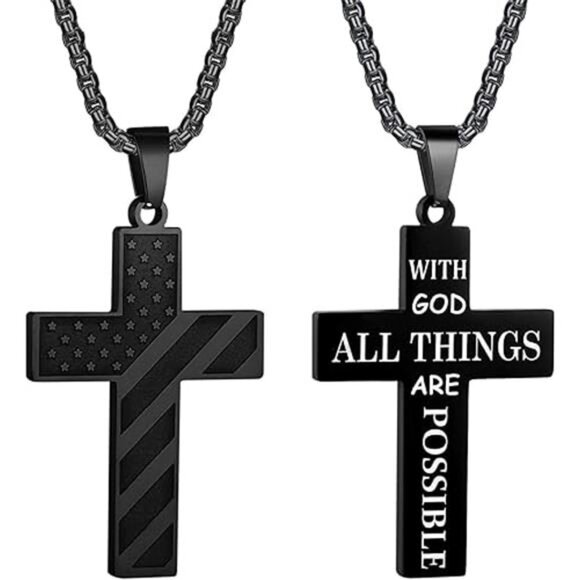 BLACK American Flag GOD Cross Necklace Men Stainless Steel Box Chain 22+2 inch - Picture 7 of 7